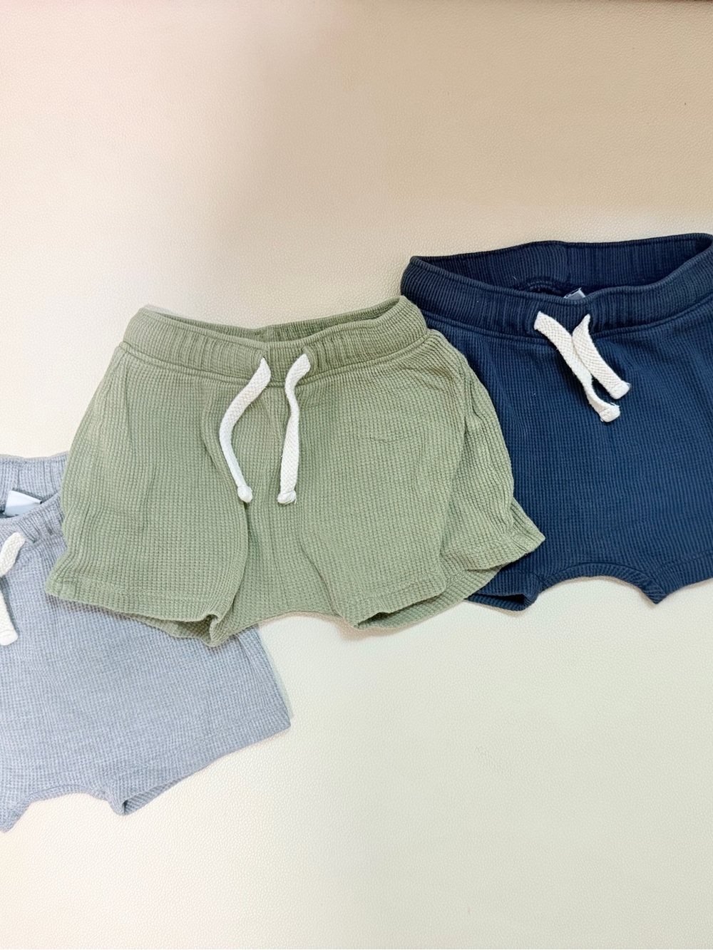 Old Navy 6-12M Waffle Knit Baby Shorts Trio - Sage, Navy, Light Gray